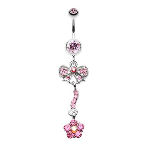 Light Pink Classy Bow-Tie and Flower Belly Button Ring