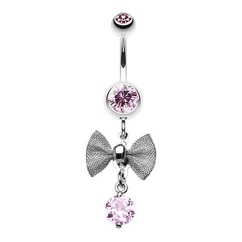 Light Pink Dainty Bow Gem Sparkle Belly Button Ring - Rebel Bod