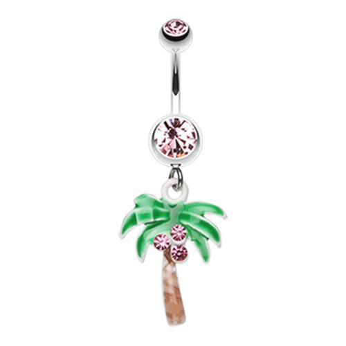 Light Pink Jeweled Palm Tree Dangle Belly Button Ring