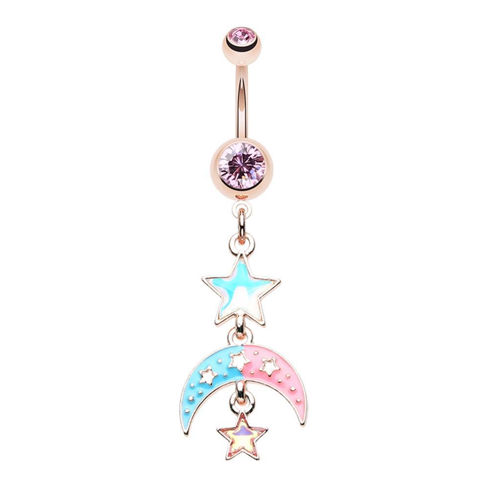 Light Pink Rose Gold Pastel Moon Star Belly Button Ring