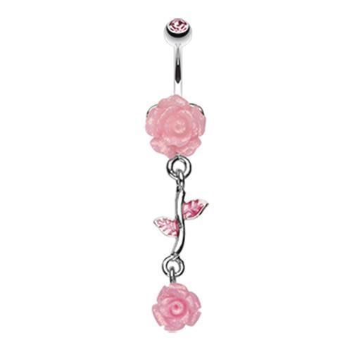 Belly Ring - Dangle Light Pink Shimmering Rose Vine Belly Button Ring -Rebel Bod-RebelBod