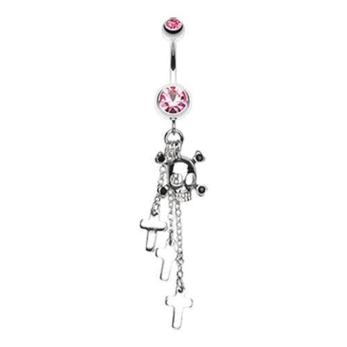 Light Pink Skull Crossbones and Cross Dangle Belly Button Ring