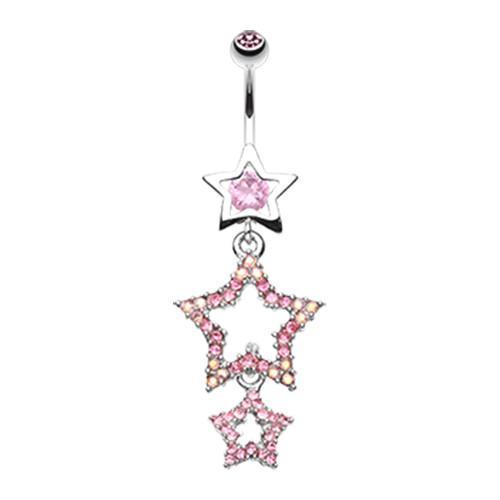 Light Pink Sparkiling Triple Star Bell Button Ring