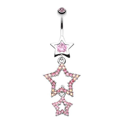 Light Pink Sparkiling Triple Star Bell Button Ring - Rebel Bod