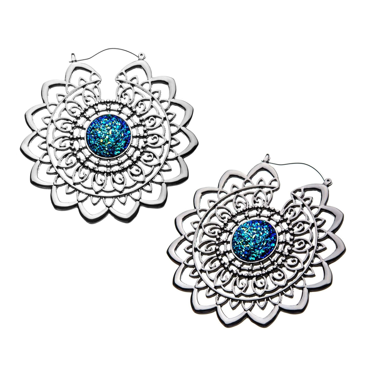 Tapers - Hanging Mandala Blue Druzy Plug Hoops -Rebel Bod-RebelBod