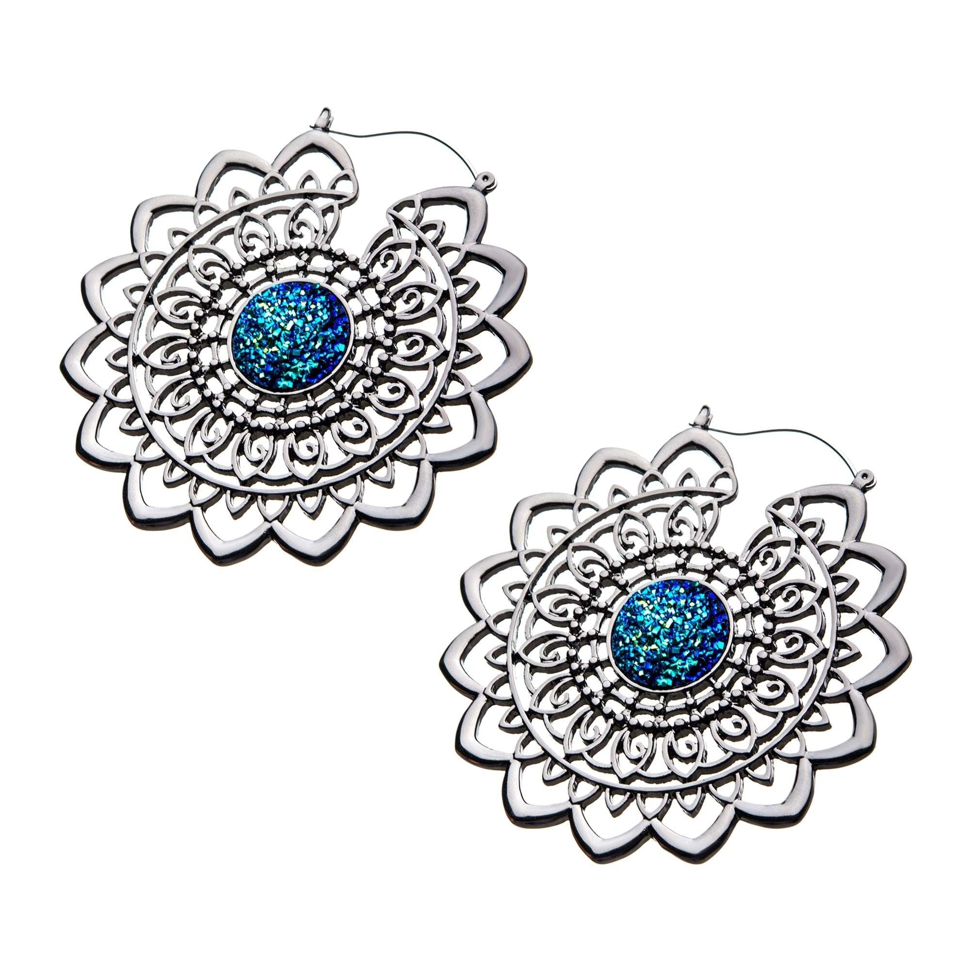 Tapers - Hanging Mandala Blue Druzy Plug Hoops -Rebel Bod-RebelBod