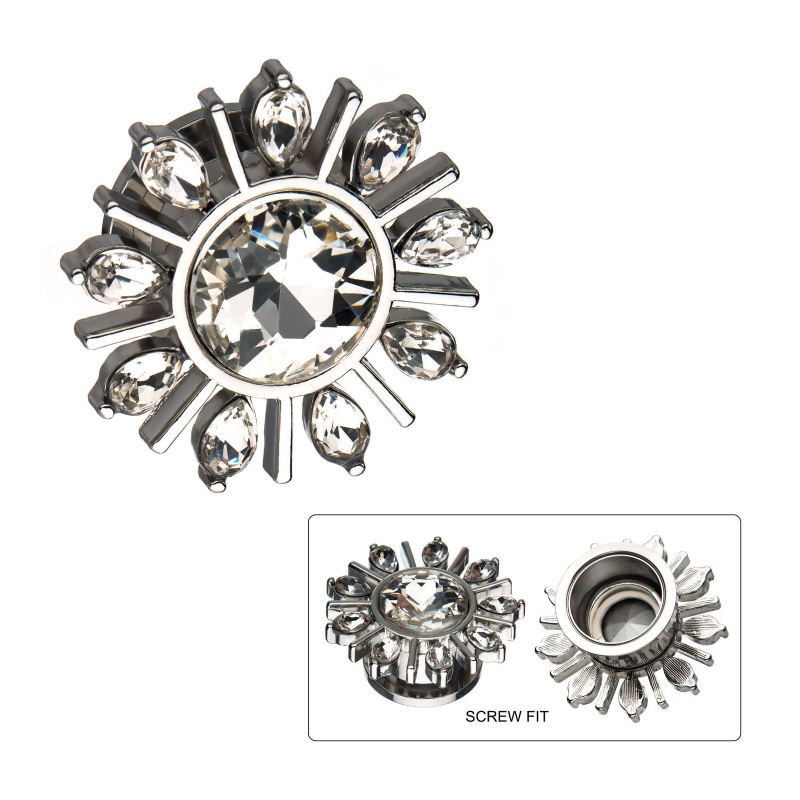 Marquis Gem Edged Screw Fit Double Flared Ear Gauge Plugs Clear CZ Gem Center - 1 Pair