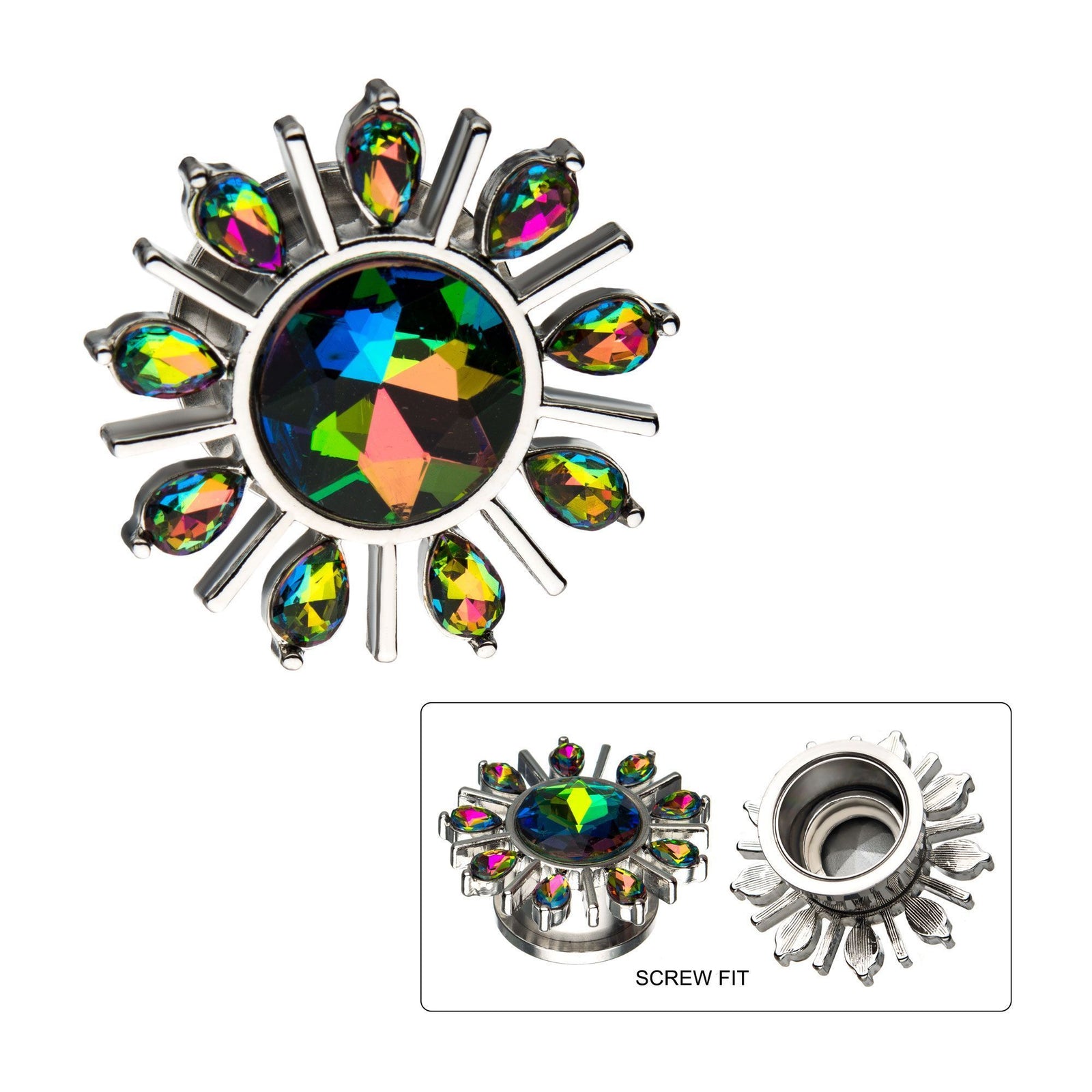 Marquis Gem Edged Screw Fit Double Flared Ear Gauge Plugs Vitrail Medium Gem Center - 1 Pair