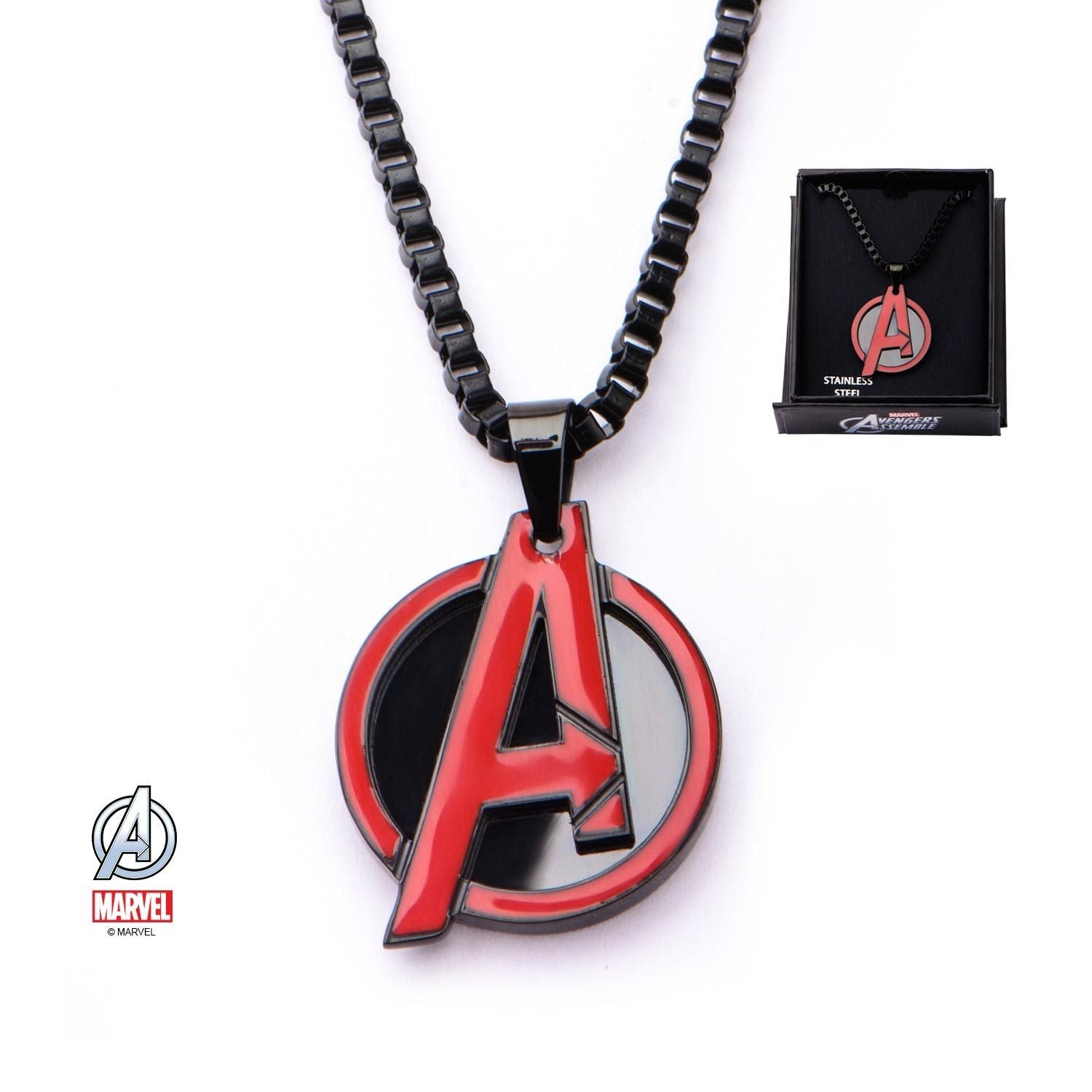 Marvel Men's Stainless Steel Black Ion Plated with Red Avengers Logo Pendant, 24 inch Chain