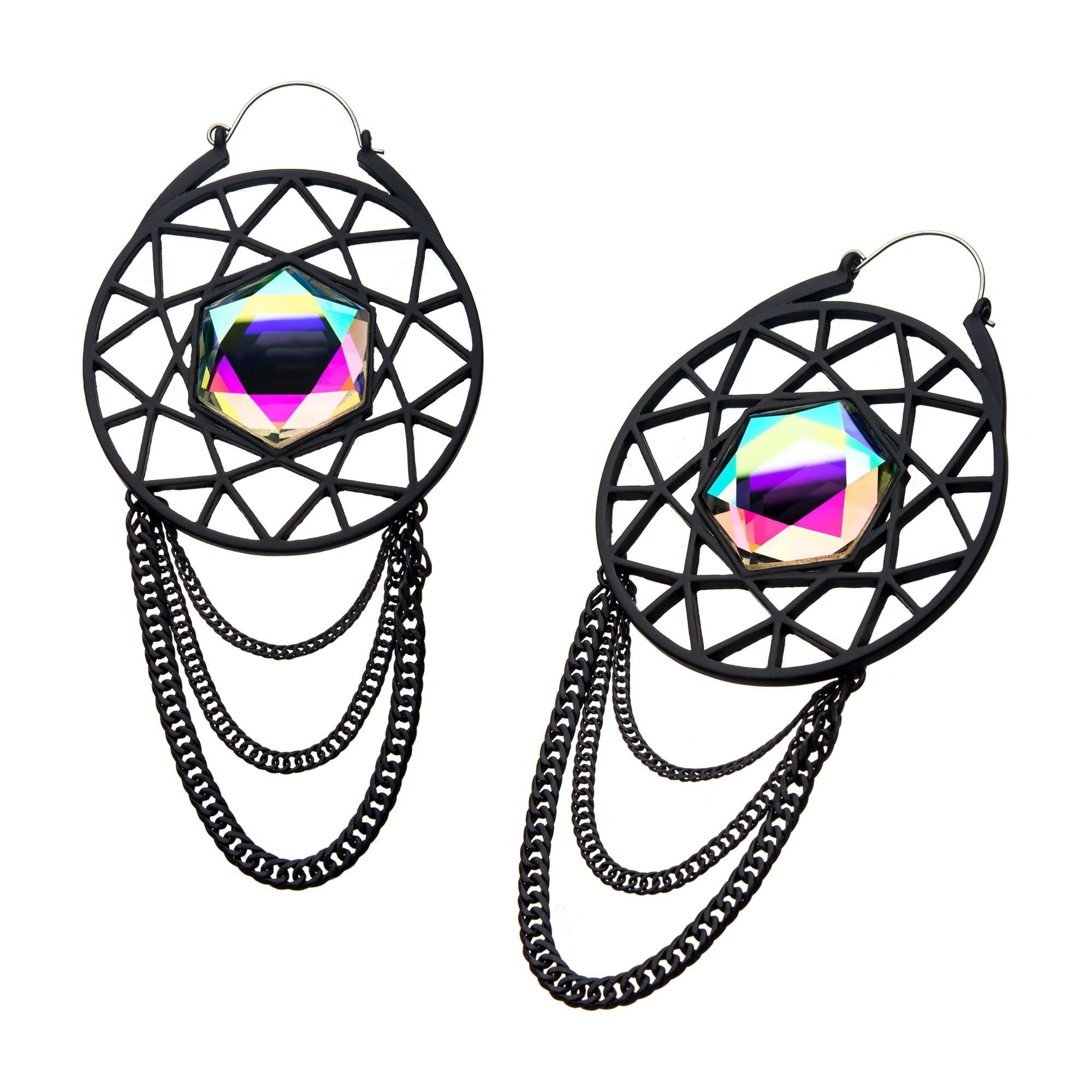 Tapers - Hanging Matte Black Gem Web Chain Plug Hoops -Rebel Bod-RebelBod