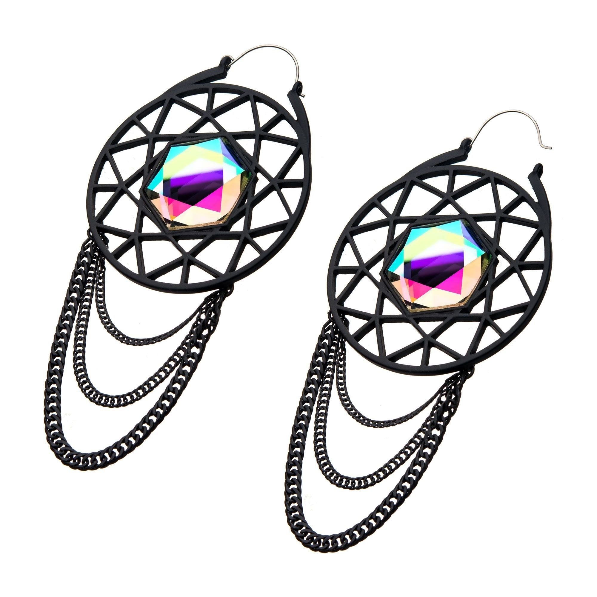 Tapers - Hanging Matte Black Gem Web Chain Plug Hoops -Rebel Bod-RebelBod