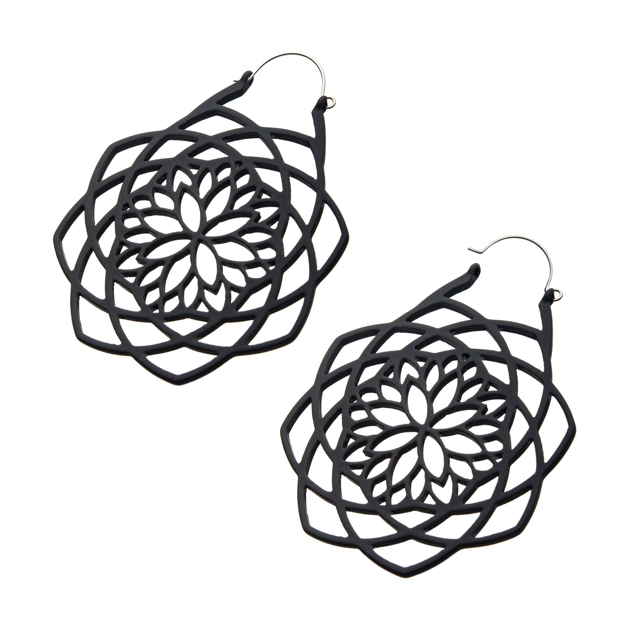 Tapers - Hanging Matte Black Mandala Plug Hoops -Rebel Bod-RebelBod