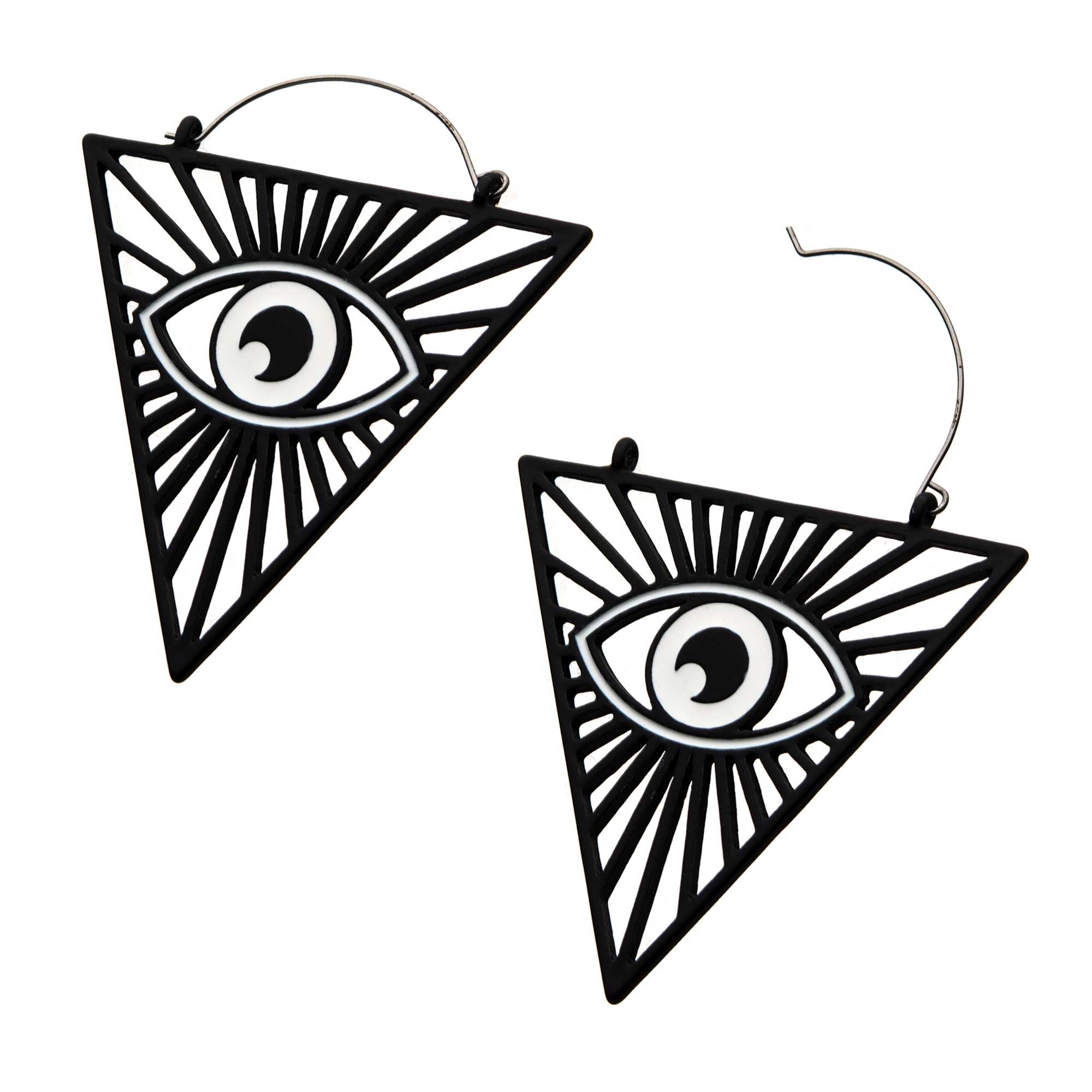 Tapers - Hanging Matte Black PVD All Seeing Eye Outline Plug Hoop -Rebel Bod-RebelBod