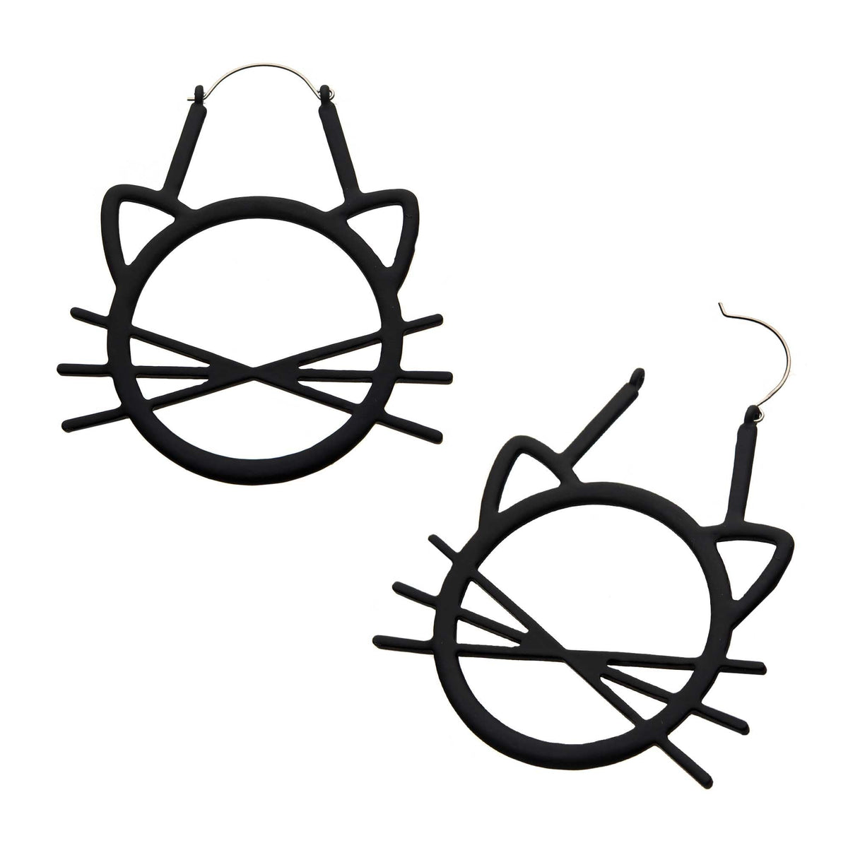 Tapers - Hanging Matte Black PVD Cat Head Outline Whiskers Plug Hoop -Rebel Bod-RebelBod