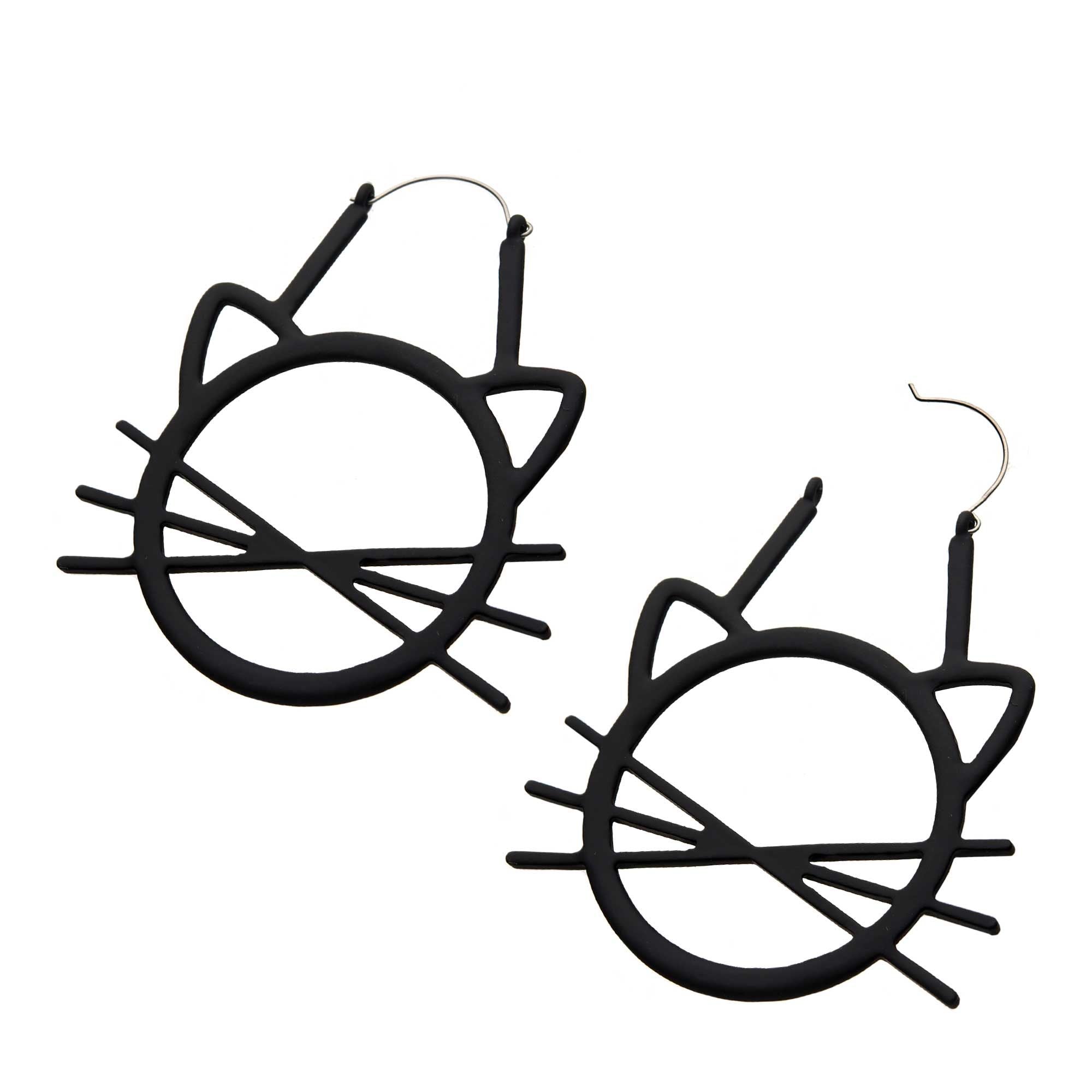 Tapers - Hanging Matte Black PVD Cat Head Outline Whiskers Plug Hoop -Rebel Bod-RebelBod