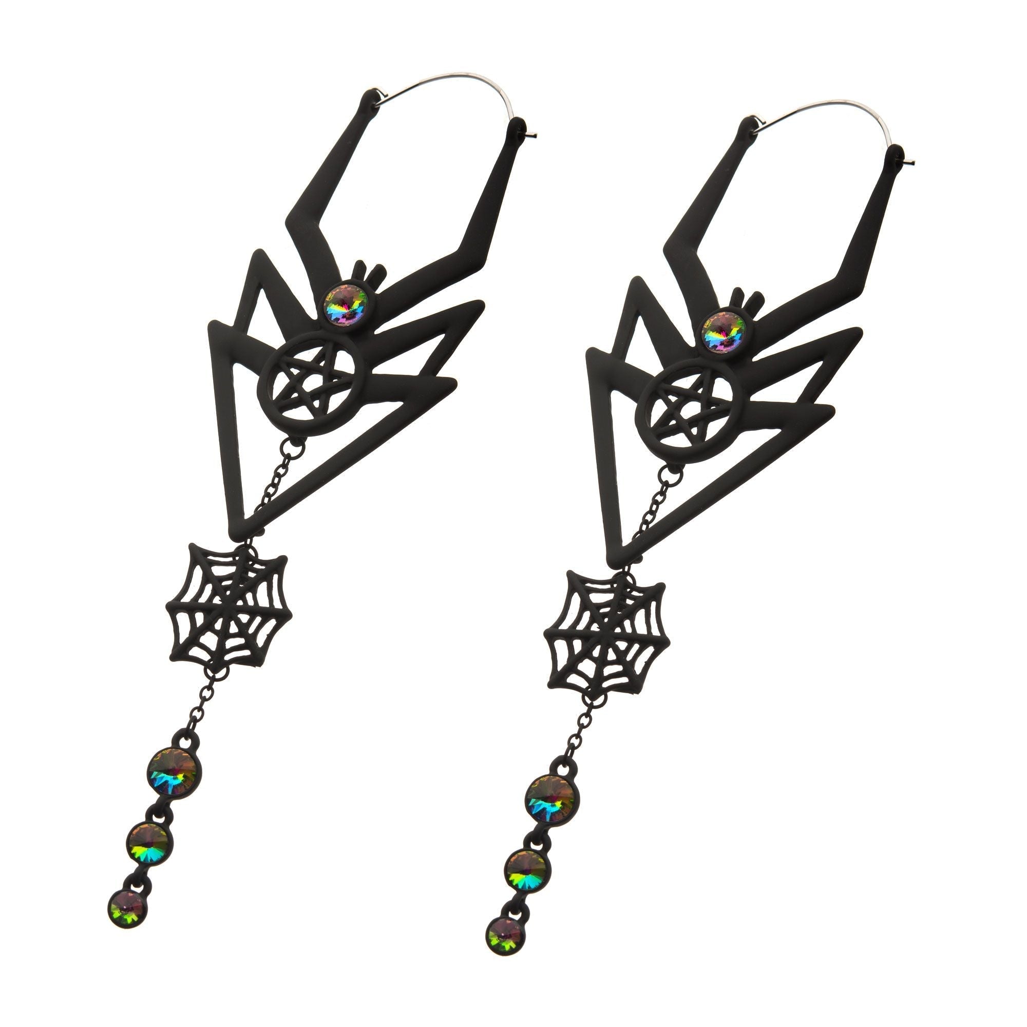 Tapers - Hanging Matte Black PVD Dangle Spider Web Plug Hoops -Rebel Bod-RebelBod