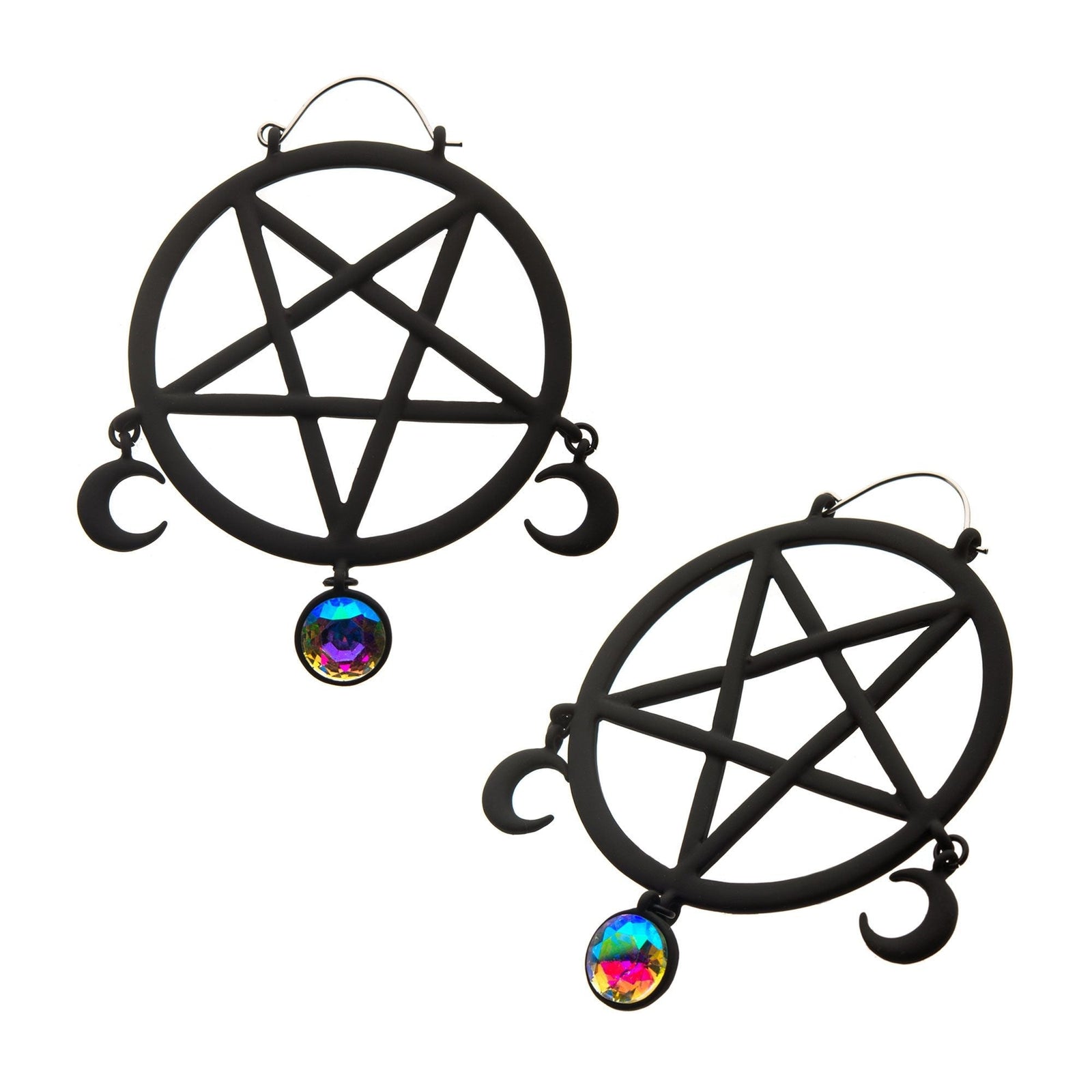 Tapers - Hanging Matte Black PVD Pentagram Aurora Borealis Gem Plug Hoops -Rebel Bod-RebelBod