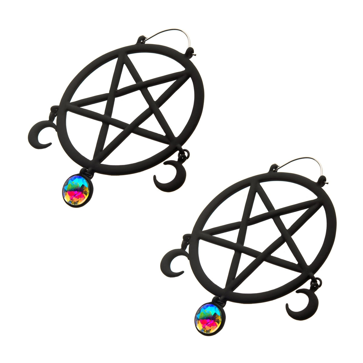 Tapers - Hanging Matte Black PVD Pentagram Aurora Borealis Gem Plug Hoops -Rebel Bod-RebelBod