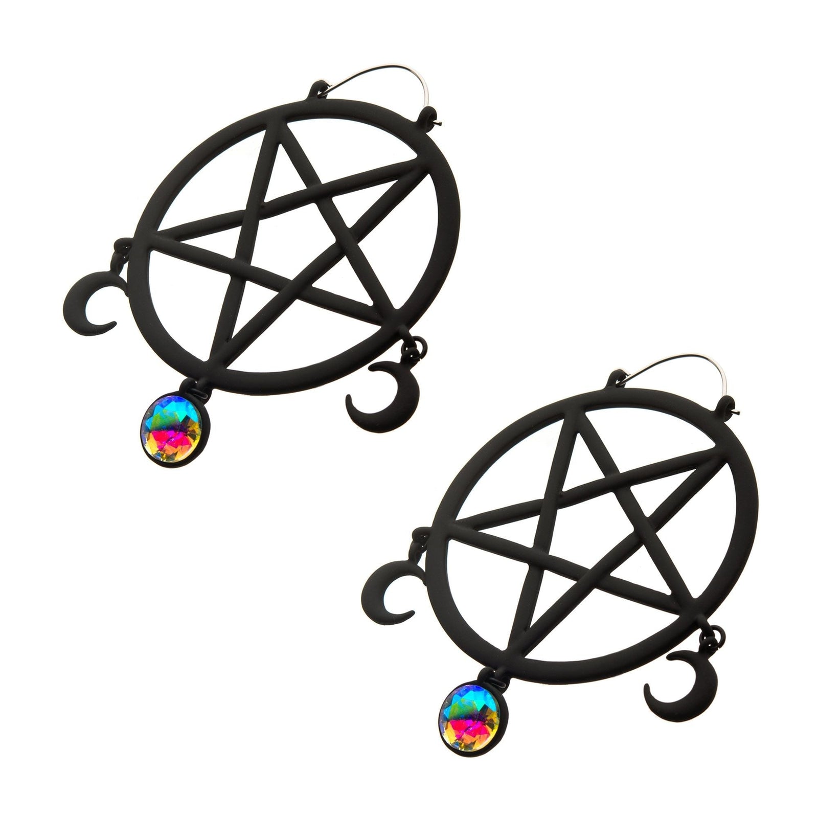Tapers - Hanging Matte Black PVD Pentagram Aurora Borealis Gem Plug Hoops -Rebel Bod-RebelBod