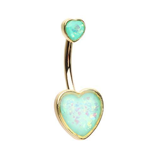 Mint Green Golden Two Opal Hearts Belly Button Ring
