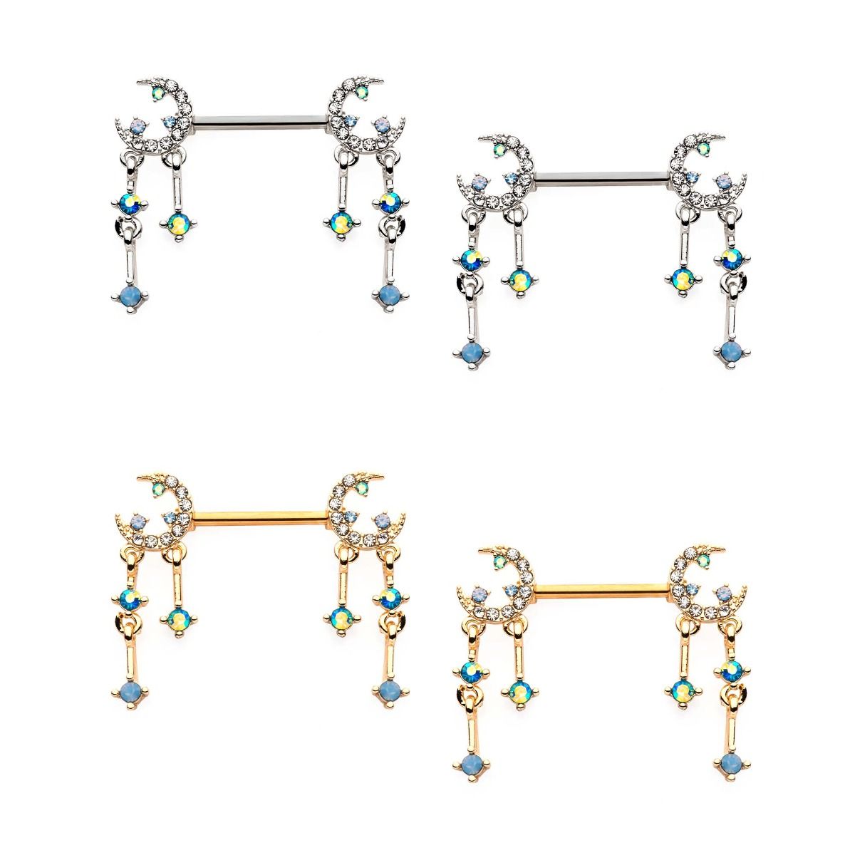Nipple Multigem Crescent Moon Multilayer Dangle Charms Nipple Barbell np2196-pr -Rebel Bod-RebelBod