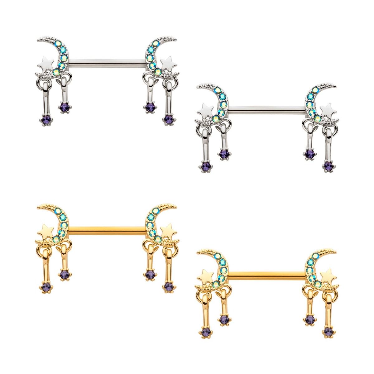 TBD-Nipple Multigem Crescent Moon Star 4 Dangle Charms Nipple Barbell -Rebel Bod-RebelBod
