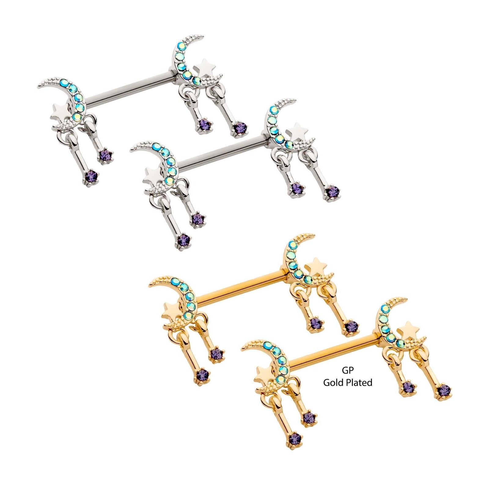 TBD-Nipple Multigem Crescent Moon Star 4 Dangle Charms Nipple Barbell -Rebel Bod-RebelBod