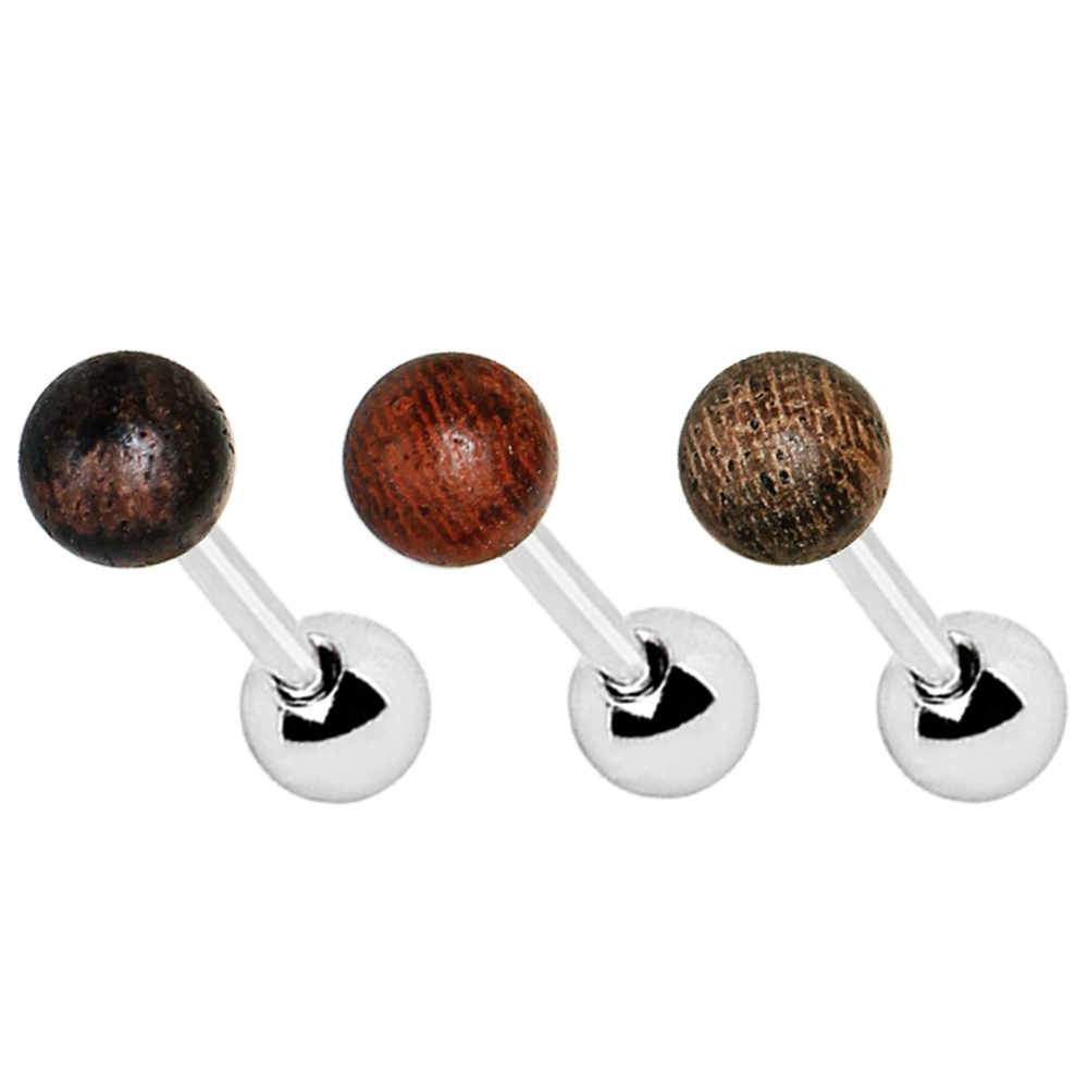 Natural Organic Wood Ball Cartilage Barbell Earring - 1 Piece