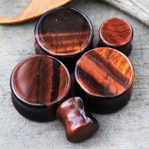 Plugs Earrings - Double Flare Natural Red Tiger Eye Stone Saddle Plug - 1 Piece -Rebel Bod-RebelBod
