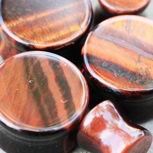 Plugs Earrings - Double Flare Natural Red Tiger Eye Stone Saddle Plug - 1 Piece -Rebel Bod-RebelBod