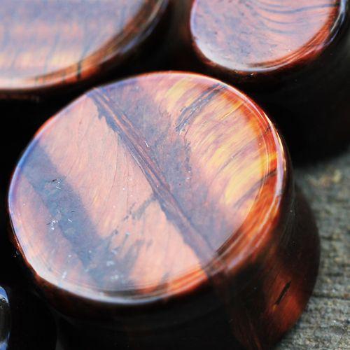 Plugs Earrings - Double Flare Natural Red Tiger Eye Stone Saddle Plug - 1 Piece -Rebel Bod-RebelBod