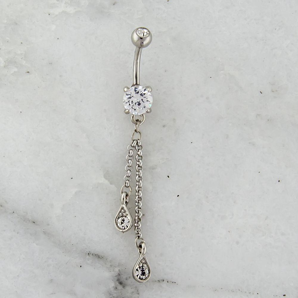 Belly Ring - No Dangle Navel Ring W/ Chained Gem Accented Teadrops - 1 Piece -Rebel Bod-RebelBod