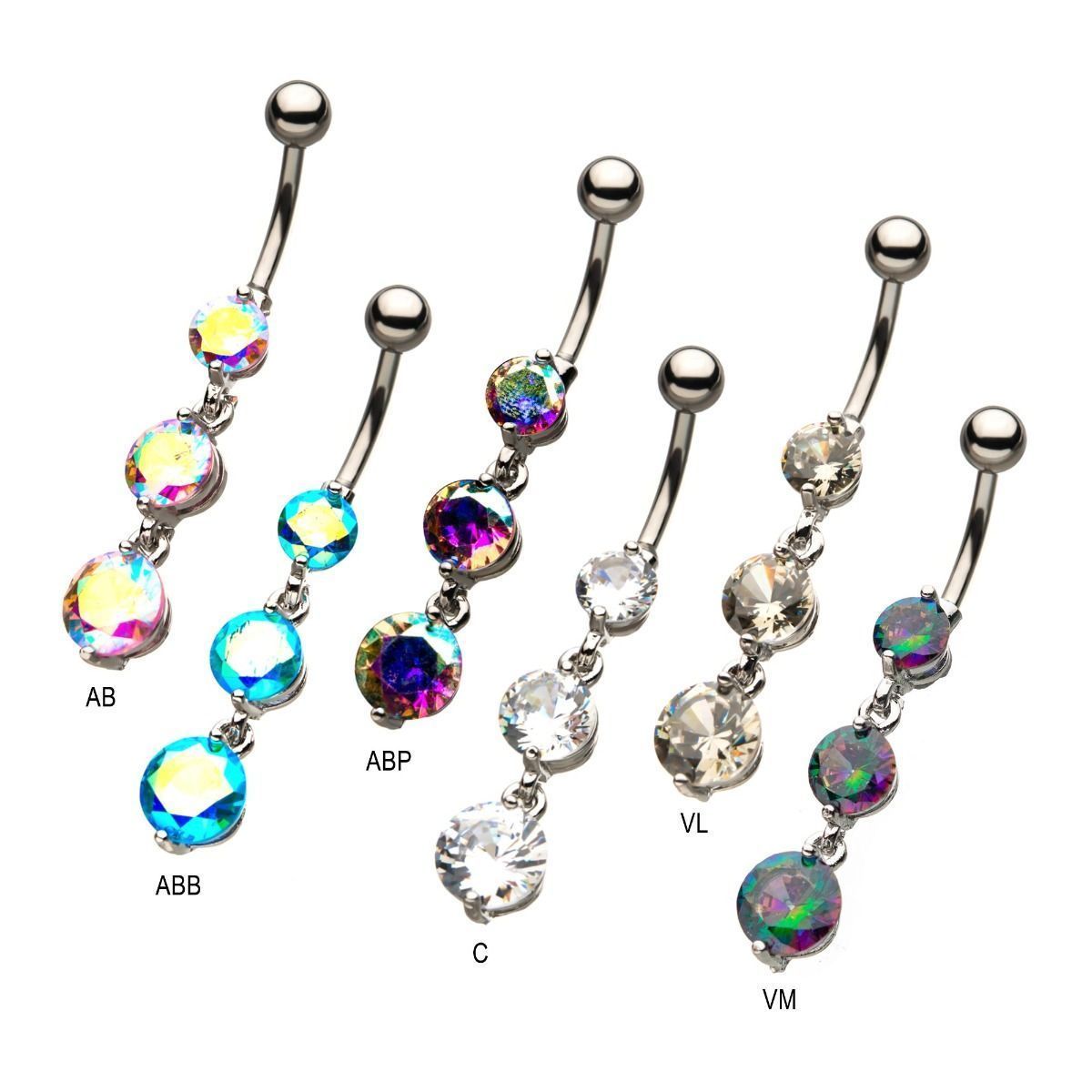 Belly Ring - Dangle Navels with 3 Round CZ Gem Dangle Charms sbvnsq9643 -Rebel Bod-RebelBod