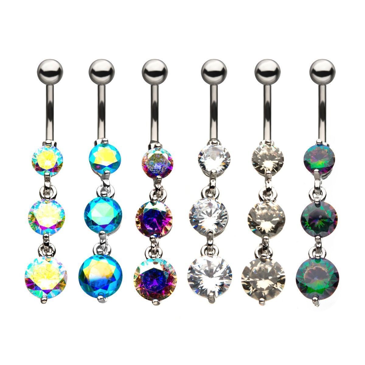 Belly Ring - Dangle Navels with 3 Round CZ Gem Dangle Charms sbvnsq9643 -Rebel Bod-RebelBod