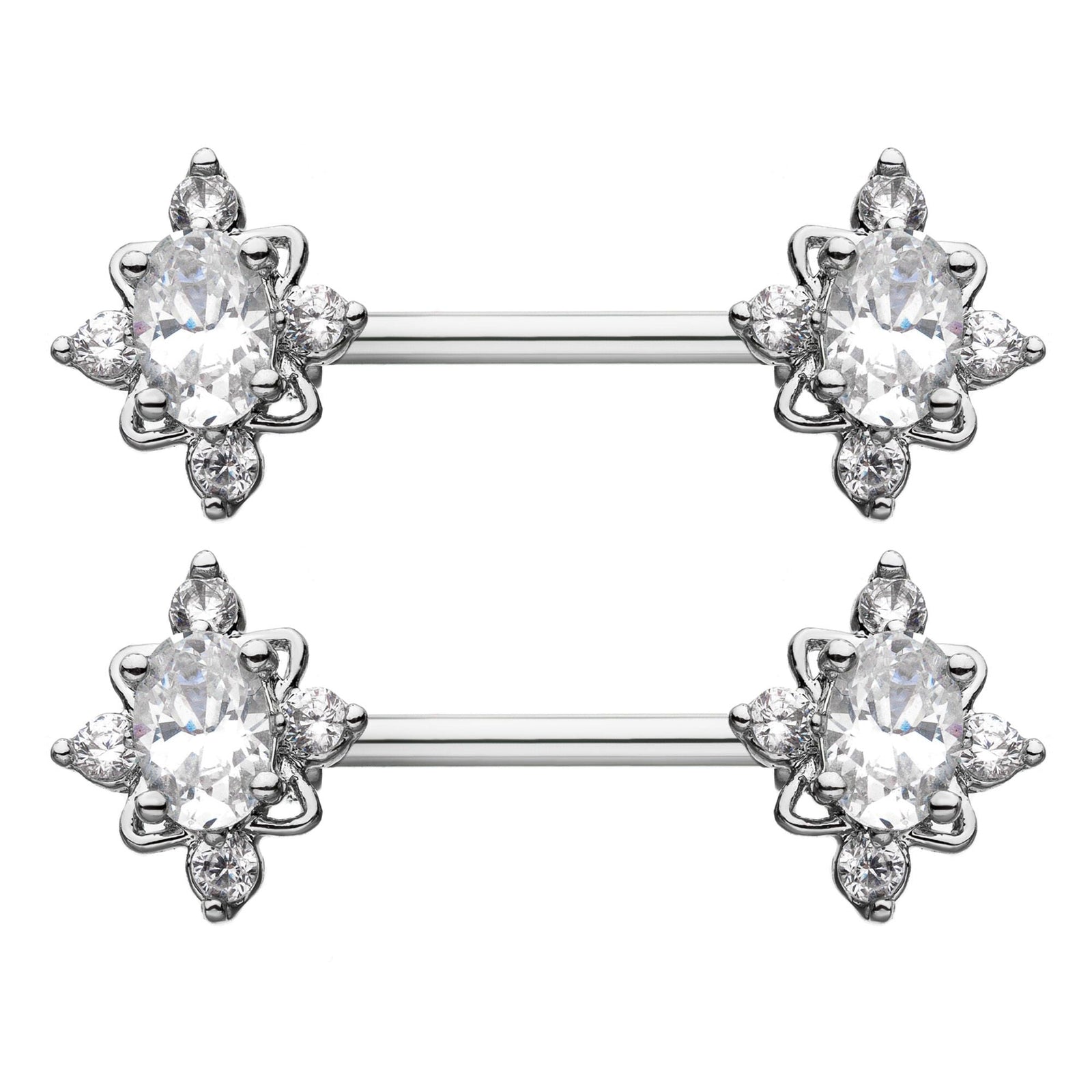 TBD-Nipple Nipple Barbell 6mm oblong shape clear CZ four Gem Flower end -Rebel Bod-RebelBod