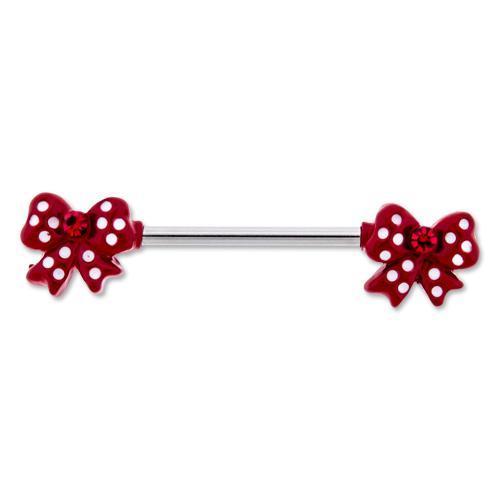 Nipple Barbell Red Bow White Polka Dots Red Gem - 1 Piece