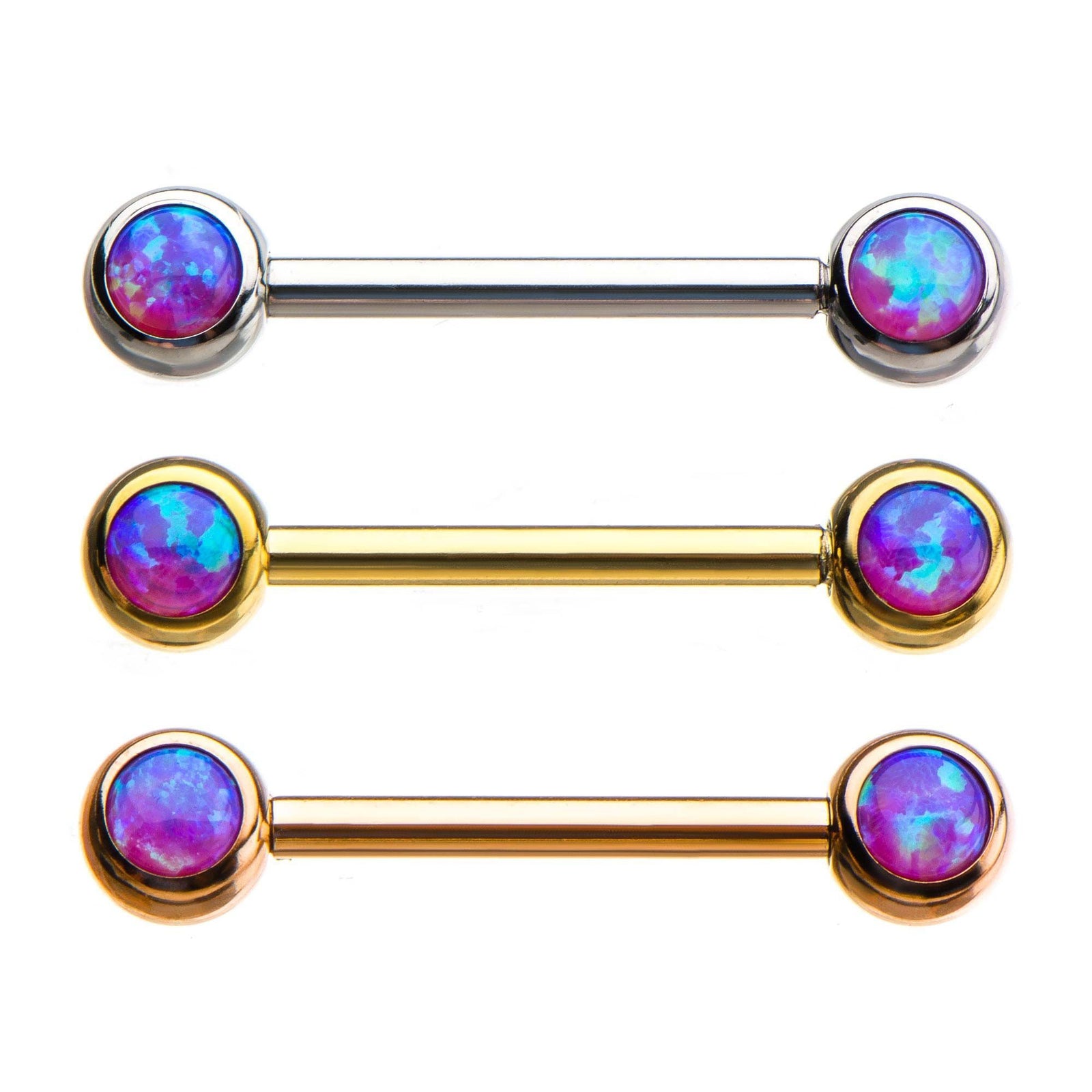 Nipple Barbell w/ 5mm Forward Facing Purple Synthetic Opal Ends sbvbs4541ao - 1 Pair
