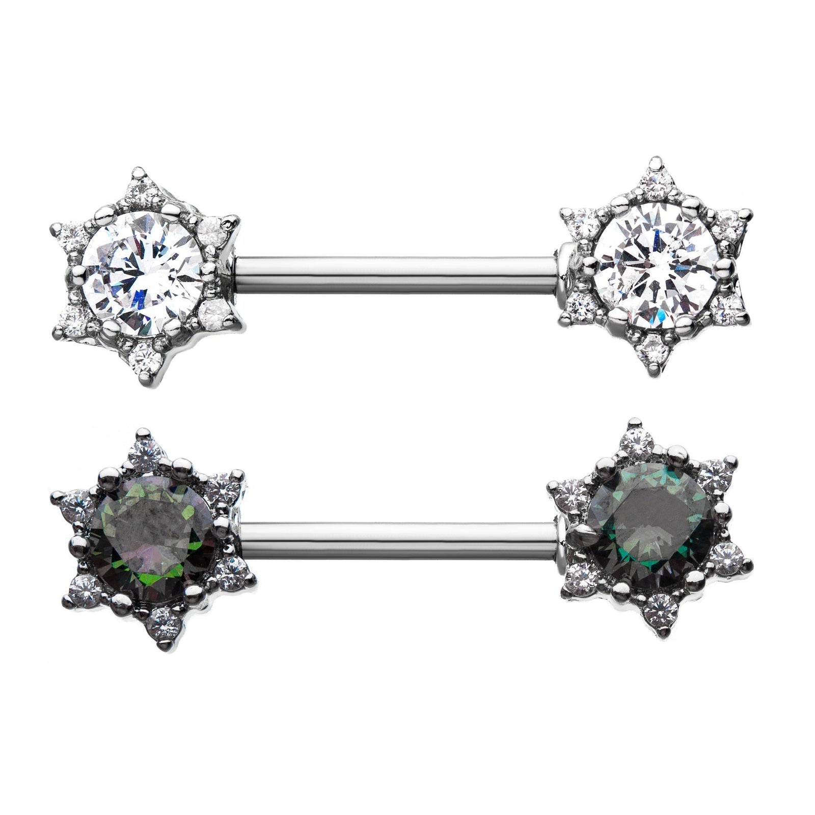Nipple Barbells 6 point triangle gem starburst in 6mm gem - 1 Pair