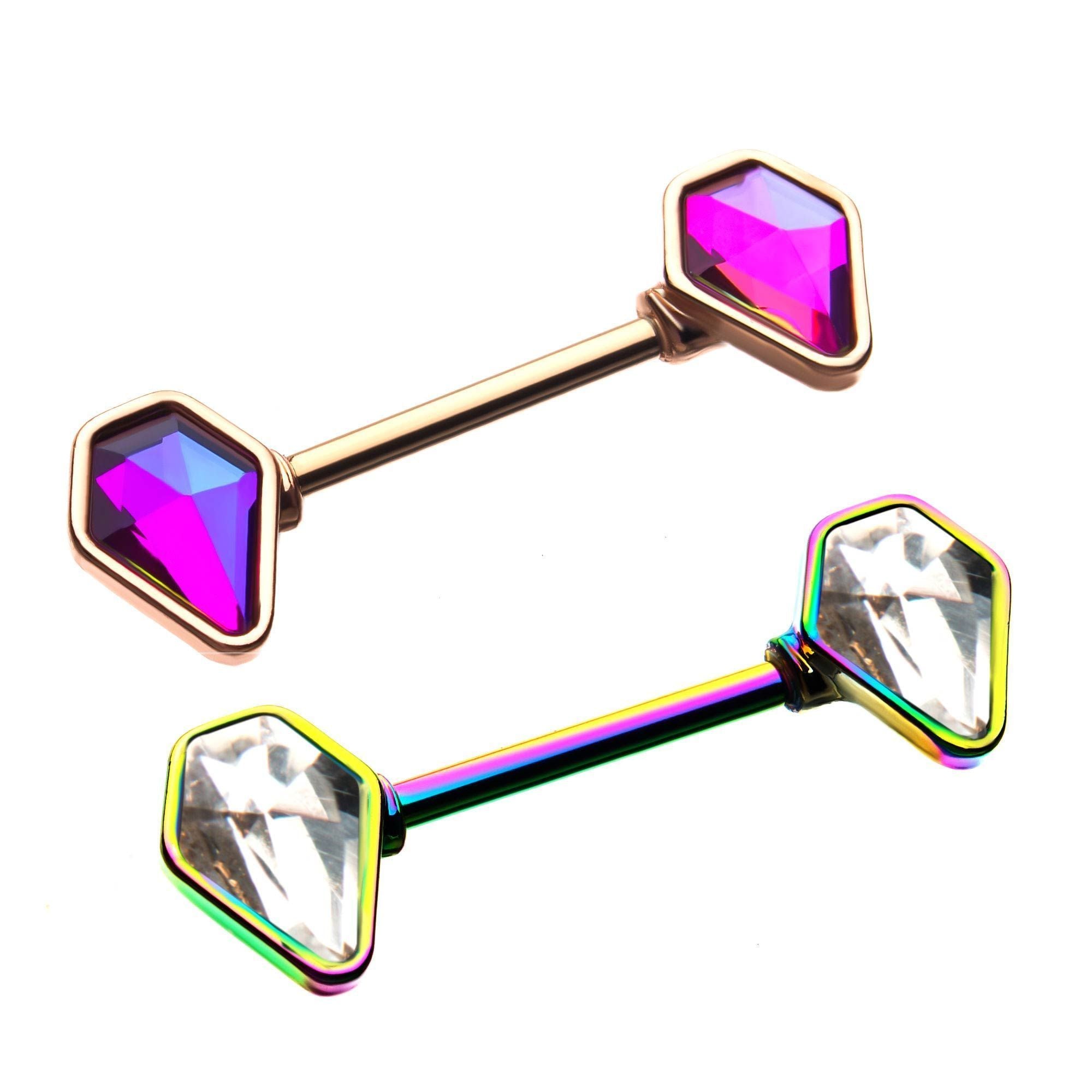 Nipple Barbells w/ Forward Facing Prong Set Diamond Shape CZ Gem - 1 Pair sbvnp1122-pr