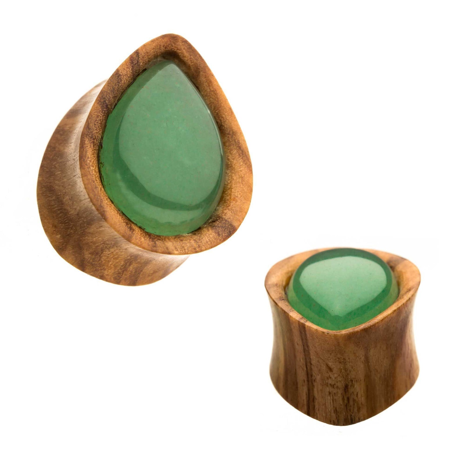 Olive Wood w/ Green Adventurine Stone Teardrop Plugs - 1 Pair sbvwpltg