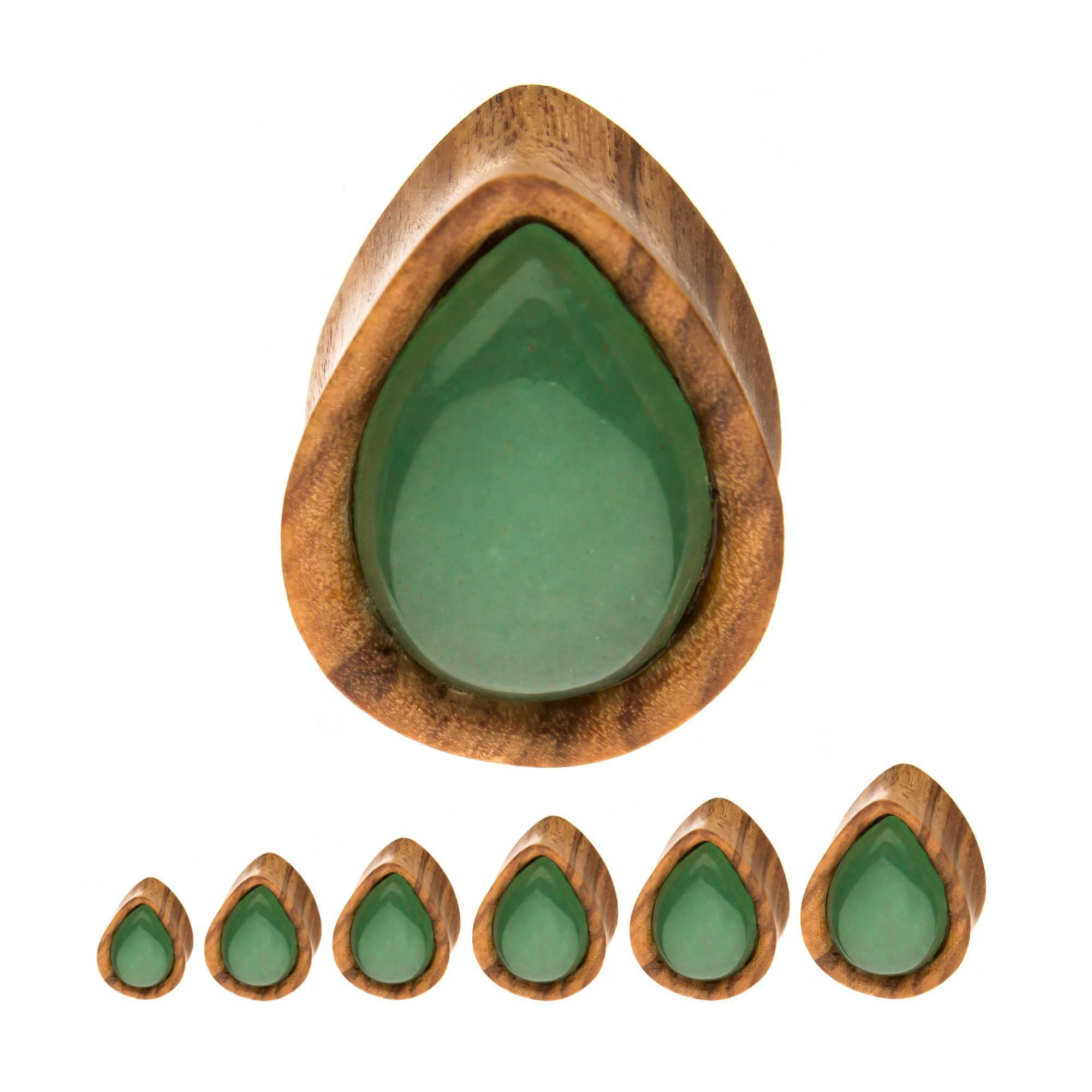 Olive Wood w/ Green Adventurine Stone Teardrop Plugs - 1 Pair sbvwpltg
