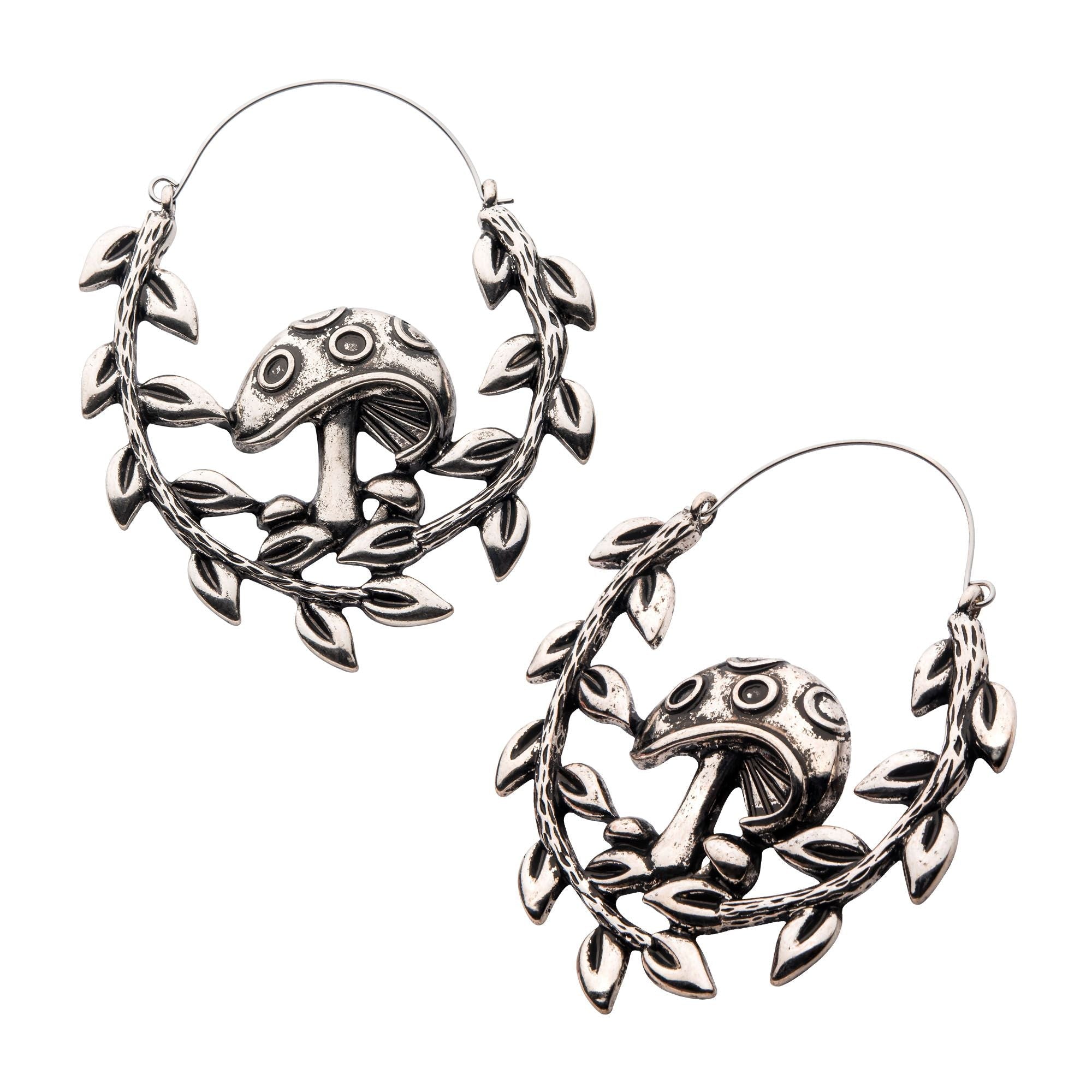 Tapers - Hanging Oxidized Mushroom Fern Edge Plug Hoops -Rebel Bod-RebelBod