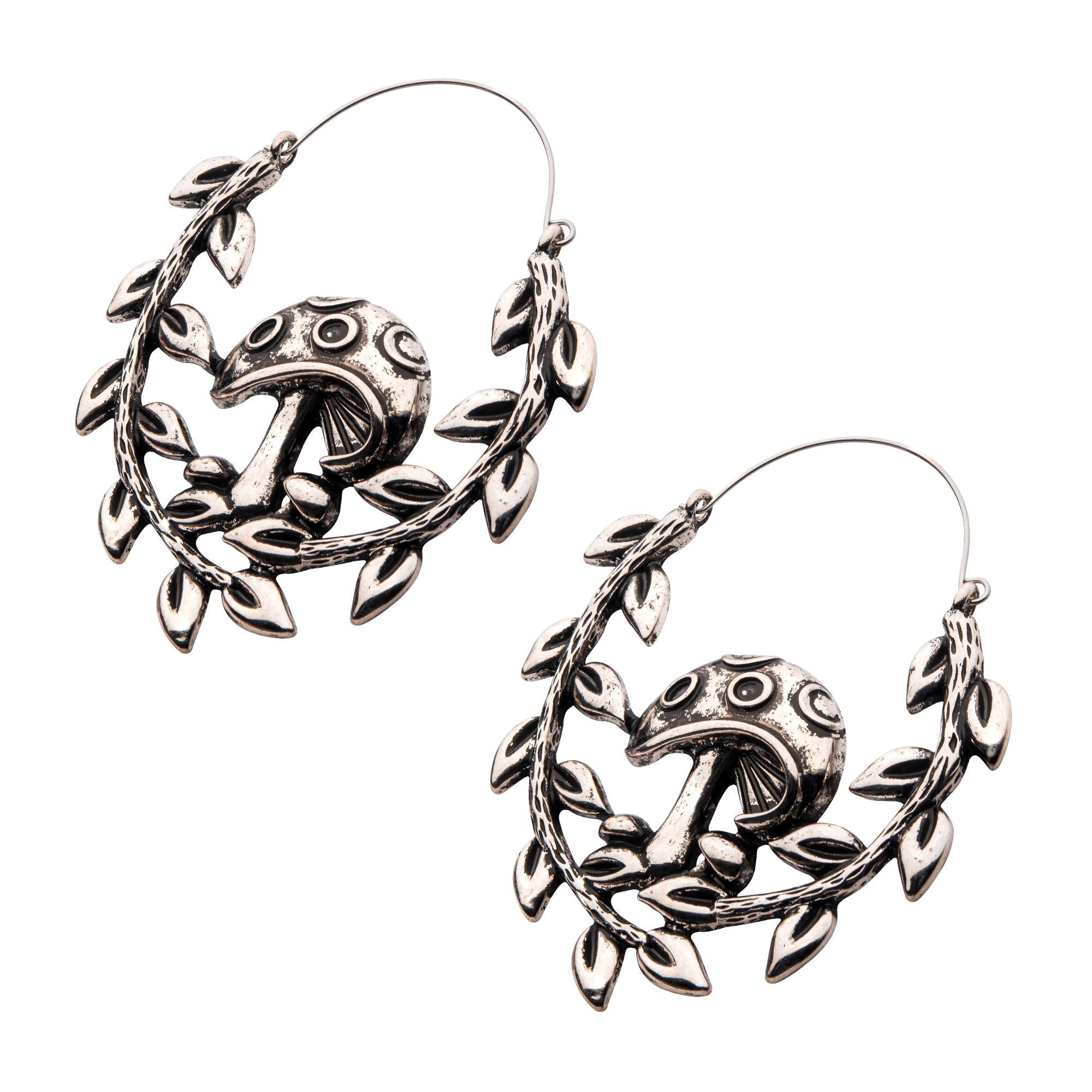 Tapers - Hanging Oxidized Mushroom Fern Edge Plug Hoops -Rebel Bod-RebelBod