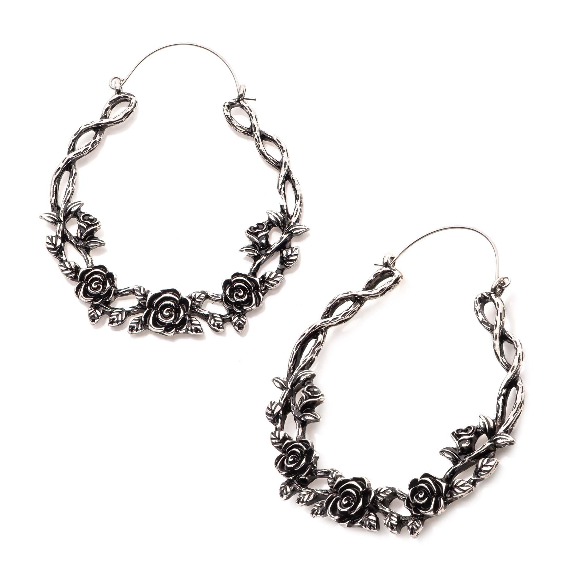 Tapers - Hanging Oxidized Rose Vine Plug Hoops -Rebel Bod-RebelBod