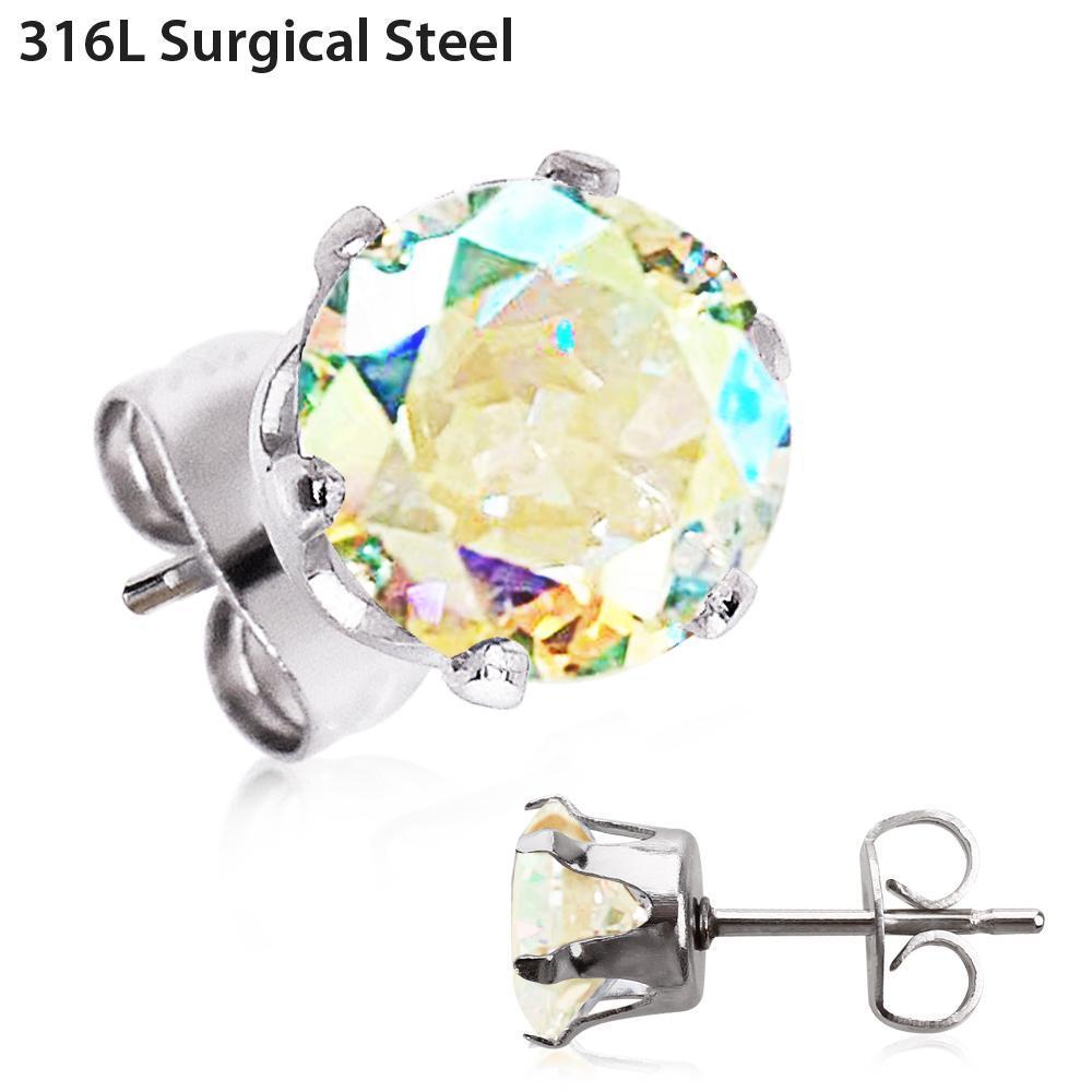 Stud Earrings Pair of 316L Surgical Steel Aurora Borealis Round CZ Stud Earrings - 1 Pair -Rebel Bod-RebelBod
