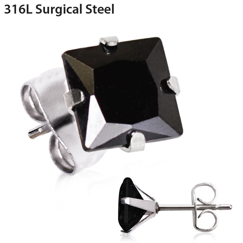 Pair of Black Princess Cut CZ Stud Earrings - 1 Pair