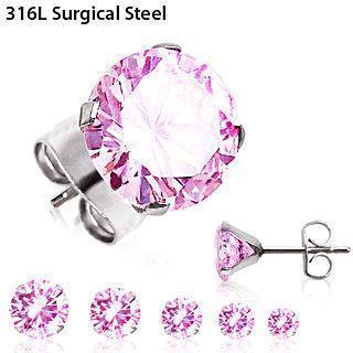 Stud Earrings Pair of 316L Surgical Steel Pink Round CZ Stud Earrings - 1 Pair -Rebel Bod-RebelBod