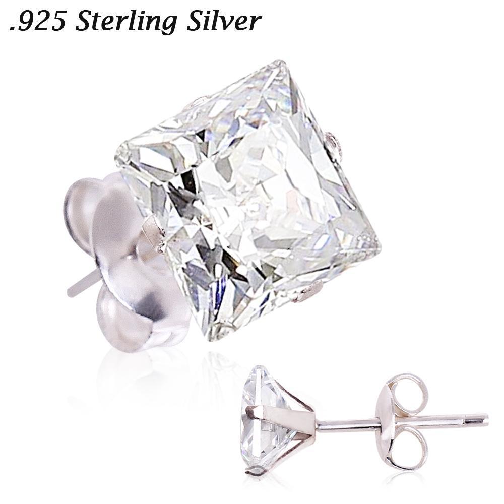 Stud Earrings Pair of .925 Sterling Silver Clear Princess Cut CZ Stud Earrings - 1 Pair -Rebel Bod-RebelBod