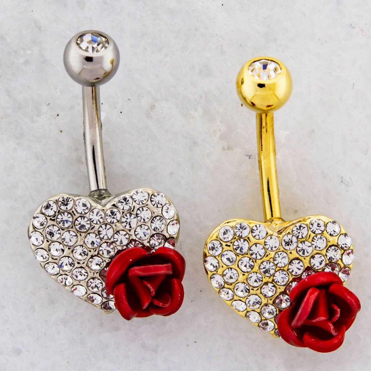 Belly Ring - No Dangle Pave Heart With Red Rose Navel Ring - 1 Piece -Rebel Bod-RebelBod