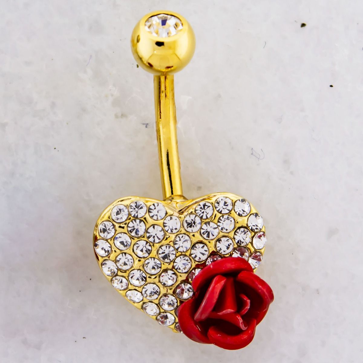 Belly Ring - No Dangle Pave Heart With Red Rose Navel Ring - 1 Piece -Rebel Bod-RebelBod